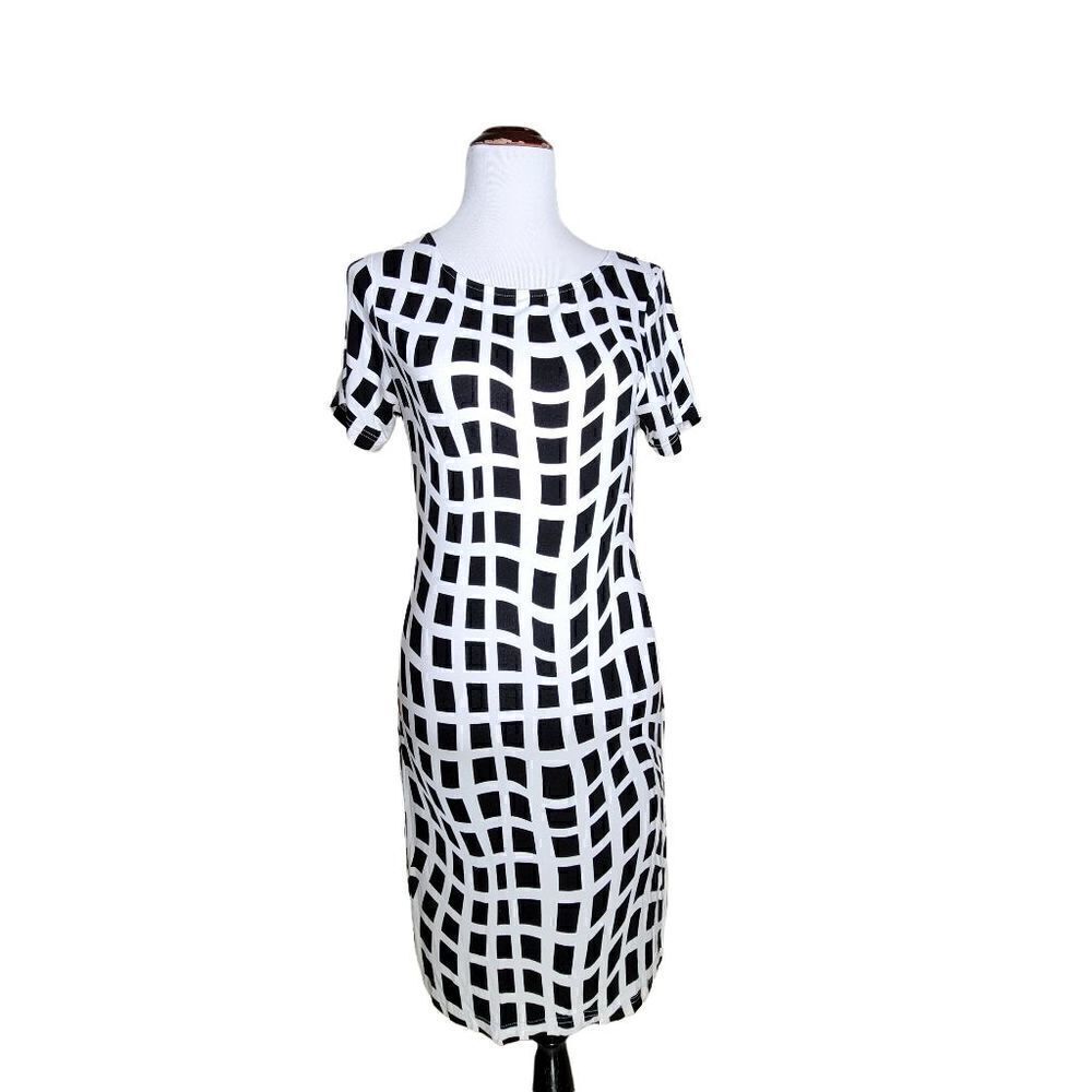 Venus Geometric Square Print Short Sleeve Sheath Dress Black White Size Medium